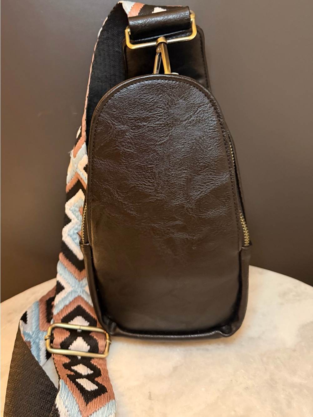 Boho Black Faux Leather Crossbody Sling Bag w/Geometric Embroidered Guitar Strap